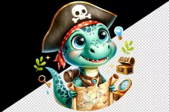 Watercolor cute dinosaur dino pirate with sparkle and treasure map print 20 oz tumbler skinny mug wrap clipart t-shirt sublimation printable design