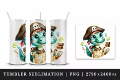 Watercolor cute dinosaur dino pirate with sparkle and treasure map print 20 oz tumbler skinny mug wrap clipart t-shirt sublimation printable design