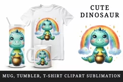 Watercolor cute dinosaur dino sitting under rainbow with pot of gold print 20 oz tumbler skinny mug wrap clipart t-shirt sublimation printable design