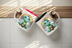 Watercolor cute dinosaur dino sitting under rainbow with pot of gold print 20 oz tumbler skinny mug wrap clipart t-shirt sublimation printable design