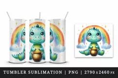 Watercolor cute dinosaur dino sitting under rainbow with pot of gold print 20 oz tumbler skinny mug wrap clipart t-shirt sublimation printable design
