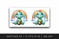 Watercolor cute dinosaur dino sitting under rainbow with pot of gold print 20 oz tumbler skinny mug wrap clipart t-shirt sublimation printable design