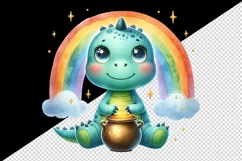 Watercolor cute dinosaur dino sitting under rainbow with pot of gold print 20 oz tumbler skinny mug wrap clipart t-shirt sublimation printable design