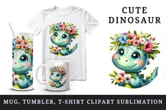 Watercolor cute dinosaur dino sparkle crown of summer spring flowers print 20 oz tumbler skinny mug wrap clipart t-shirt sublimation printable design