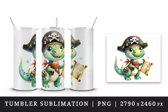 Watercolor cute dinosaur dino sparkle dressed as pirate treasure map print 20 oz tumbler skinny mug wrap clipart t-shirt sublimation printable design