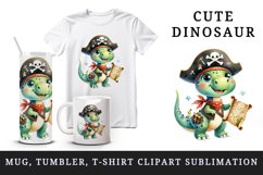 Watercolor cute dinosaur dino sparkle dressed as pirate treasure map print 20 oz tumbler skinny mug wrap clipart t-shirt sublimation printable design