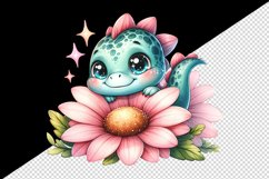 Watercolor cute dinosaur dino sparkle hide seek behind large flower print 20 oz tumbler skinny mug wrap clipart t-shirt sublimation printable design