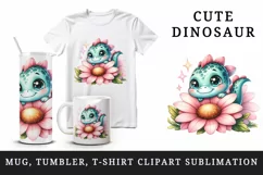 Watercolor cute dinosaur dino sparkle hide seek behind large flower print 20 oz tumbler skinny mug wrap clipart t-shirt sublimation printable design