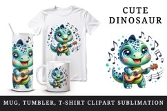 Watercolor cute dinosaur dino sparkle musical notes playing guitar print 20 oz tumbler skinny mug wrap clipart t-shirt sublimation printable design