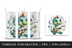 Watercolor cute dinosaur dino sparkle musical notes playing guitar print 20 oz tumbler skinny mug wrap clipart t-shirt sublimation printable design