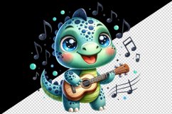 Watercolor cute dinosaur dino sparkle musical notes playing guitar print 20 oz tumbler skinny mug wrap clipart t-shirt sublimation printable design