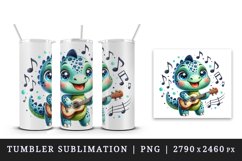 Watercolor cute dinosaur dino sparkle musical notes playing guitar print 20 oz tumbler skinny mug wrap clipart t-shirt sublimation printable design