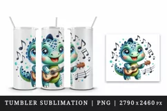 Watercolor cute dinosaur dino sparkle musical notes playing guitar print 20 oz tumbler skinny mug wrap clipart t-shirt sublimation printable design