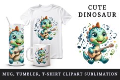 Watercolor cute dinosaur dino sparkle musical notes playing guitar print 20 oz tumbler skinny mug wrap clipart t-shirt sublimation printable design