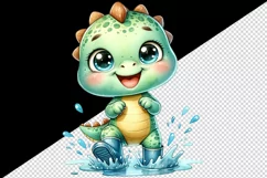 Watercolor cute dinosaur dino splashing in puddle with rubber boots on print 20oz tumbler skinny mug wrap clipart t-shirt sublimation printable design