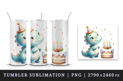 Watercolor cute dinosaur dino wearing birthday hat cake candles print 20 oz tumbler skinny mug wrap clipart t-shirt sublimation printable design