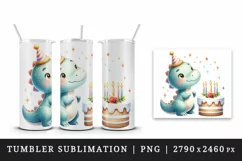 Watercolor cute dinosaur dino wearing birthday hat cake candles print 20 oz tumbler skinny mug wrap clipart t-shirt sublimation printable design