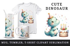 Watercolor cute dinosaur dino wearing birthday hat cake candles print 20 oz tumbler skinny mug wrap clipart t-shirt sublimation printable design