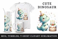 Watercolor cute dinosaur dino wearing birthday hat cake candles print 20 oz tumbler skinny mug wrap clipart t-shirt sublimation printable design