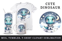 Watercolor cute dinosaur dino wearing spacesuit exploring moon cosmos print 20 oz tumbler skinny mug wrap clipart t-shirt sublimation printable design