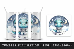 Watercolor cute dinosaur dino wearing spacesuit exploring moon cosmos print 20 oz tumbler skinny mug wrap clipart t-shirt sublimation printable design