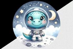 Watercolor cute dinosaur dino wearing spacesuit exploring moon cosmos print 20 oz tumbler skinny mug wrap clipart t-shirt sublimation printable design