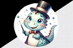 Watercolor cute dinosaur magician performing magic tricks hat cape print 20 oz tumbler skinny mug wrap clipart t-shirt sublimation printable design