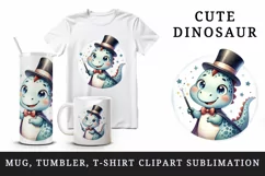 Watercolor cute dinosaur magician performing magic tricks hat cape print 20 oz tumbler skinny mug wrap clipart t-shirt sublimation printable design