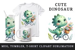Watercolor cute dinosaur riding bicycle with summer flower baskets print 20 oz tumbler skinny mug wrap clipart t-shirt sublimation printable design