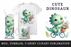 Watercolor cute dinosaur riding bicycle with summer flower baskets print 20 oz tumbler skinny mug wrap clipart t-shirt sublimation printable design