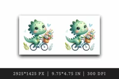 Watercolor cute dinosaur riding bicycle with summer flower baskets print 20 oz tumbler skinny mug wrap clipart t-shirt sublimation printable design