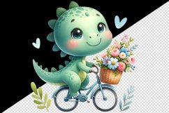 Watercolor cute dinosaur riding bicycle with summer flower baskets print 20 oz tumbler skinny mug wrap clipart t-shirt sublimation printable design