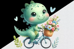 Watercolor cute dinosaur riding bicycle with summer flower baskets print 20 oz tumbler skinny mug wrap clipart t-shirt sublimation printable design