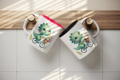 Watercolor cute dinosaur riding bicycle with summer flower baskets print 20 oz tumbler skinny mug wrap clipart t-shirt sublimation printable design