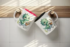 Watercolor cute dinosaur riding bicycle with summer flower baskets print 20 oz tumbler skinny mug wrap clipart t-shirt sublimation printable design