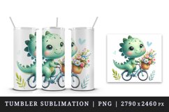Watercolor cute dinosaur riding bicycle with summer flower baskets print 20 oz tumbler skinny mug wrap clipart t-shirt sublimation printable design