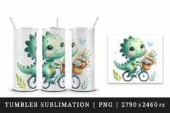 Watercolor cute dinosaur riding bicycle with summer flower baskets print 20 oz tumbler skinny mug wrap clipart t-shirt sublimation printable design