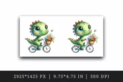 Watercolor cute dinosaur riding whimsical bicycle summer flower baskets print tumbler skinny mug wrap clipart t-shirt sublimation printable design