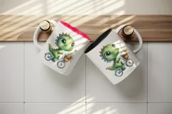 Watercolor cute dinosaur riding whimsical bicycle summer flower baskets print tumbler skinny mug wrap clipart t-shirt sublimation printable design