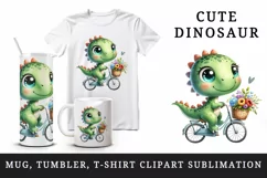 Watercolor cute dinosaur riding whimsical bicycle summer flower baskets print tumbler skinny mug wrap clipart t-shirt sublimation printable design