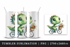 Watercolor cute dinosaur riding whimsical bicycle summer flower baskets print tumbler skinny mug wrap clipart t-shirt sublimation printable design