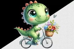 Watercolor cute dinosaur riding whimsical bicycle summer flower baskets print tumbler skinny mug wrap clipart t-shirt sublimation printable design