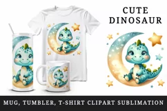 Watercolor cute dinosaur sitting on crescent moon with stars around print 20 oz tumbler skinny mug wrap clipart t-shirt sublimation printable design