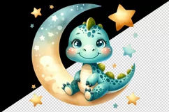 Watercolor cute dinosaur sitting on crescent moon with stars around print 20 oz tumbler skinny mug wrap clipart t-shirt sublimation printable design