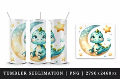 Watercolor cute dinosaur sitting on crescent moon with stars around print 20 oz tumbler skinny mug wrap clipart t-shirt sublimation printable design
