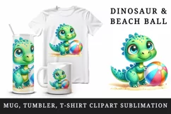 Watercolor cute dinosaur with colorful beach ball on seashore summer print 20 oz tumbler skinny mug wrap clipart t-shirt sublimation printable design