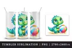 Watercolor cute dinosaur with colorful beach ball on seashore summer print 20 oz tumbler skinny mug wrap clipart t-shirt sublimation printable design