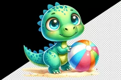 Watercolor cute dinosaur with colorful beach ball on seashore summer print 20 oz tumbler skinny mug wrap clipart t-shirt sublimation printable design