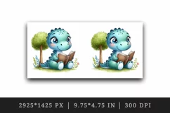 Watercolor cute dinosaur with sparkling eyes reading book under tree print 20oz tumbler skinny mug wrap clipart t-shirt sublimation printable design