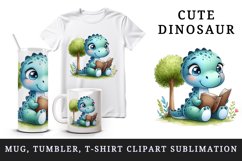 Watercolor cute dinosaur with sparkling eyes reading book under tree print 20oz tumbler skinny mug wrap clipart t-shirt sublimation printable design
